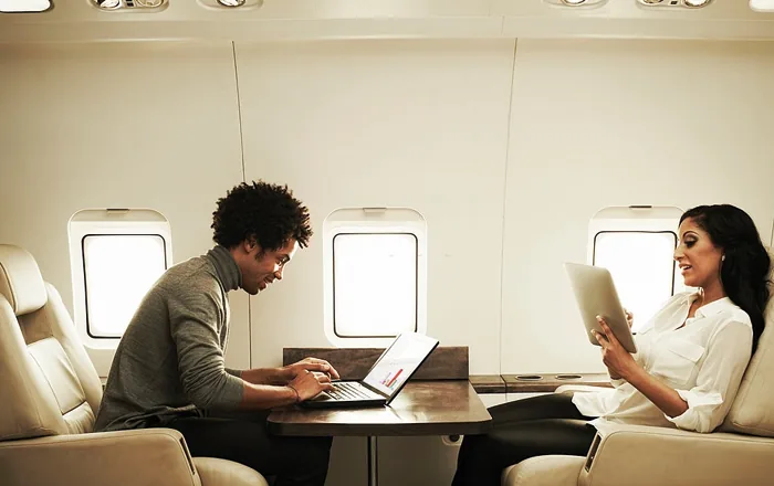 Two business travellers working in the cabin